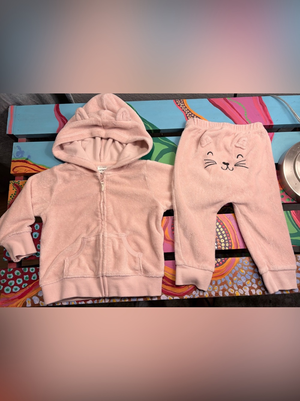 Carter's Light Pink Plush Hooded Jacket and Pants Set with Cat Face